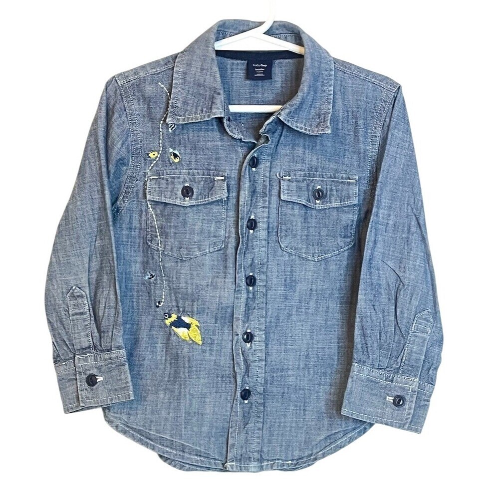 Baby Gap Toddler Boys Blue Chambray Button Up Top Embroidered Fish 3T Spring